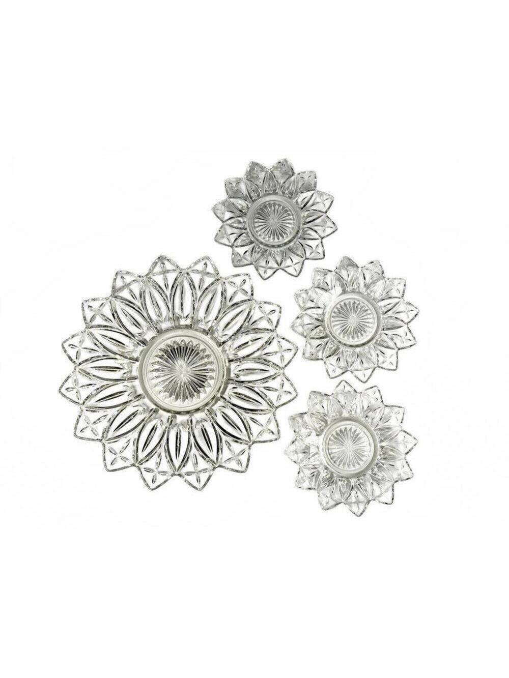 Vintage Set Federal Glass Clear Petal Sunflower Plates 3 Small & 1 Large